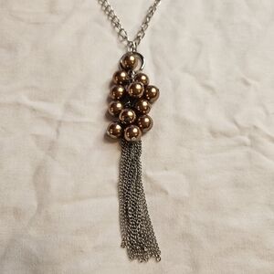 Silver Toned and Copper Colored Beaded Tassel Statement Necklace 28 Inches